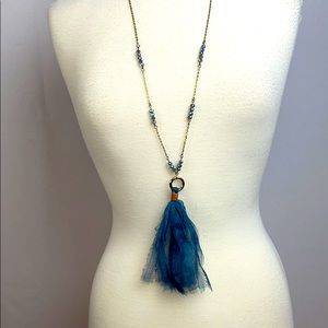 Ribbon Tassel and Crystal Long Necklace